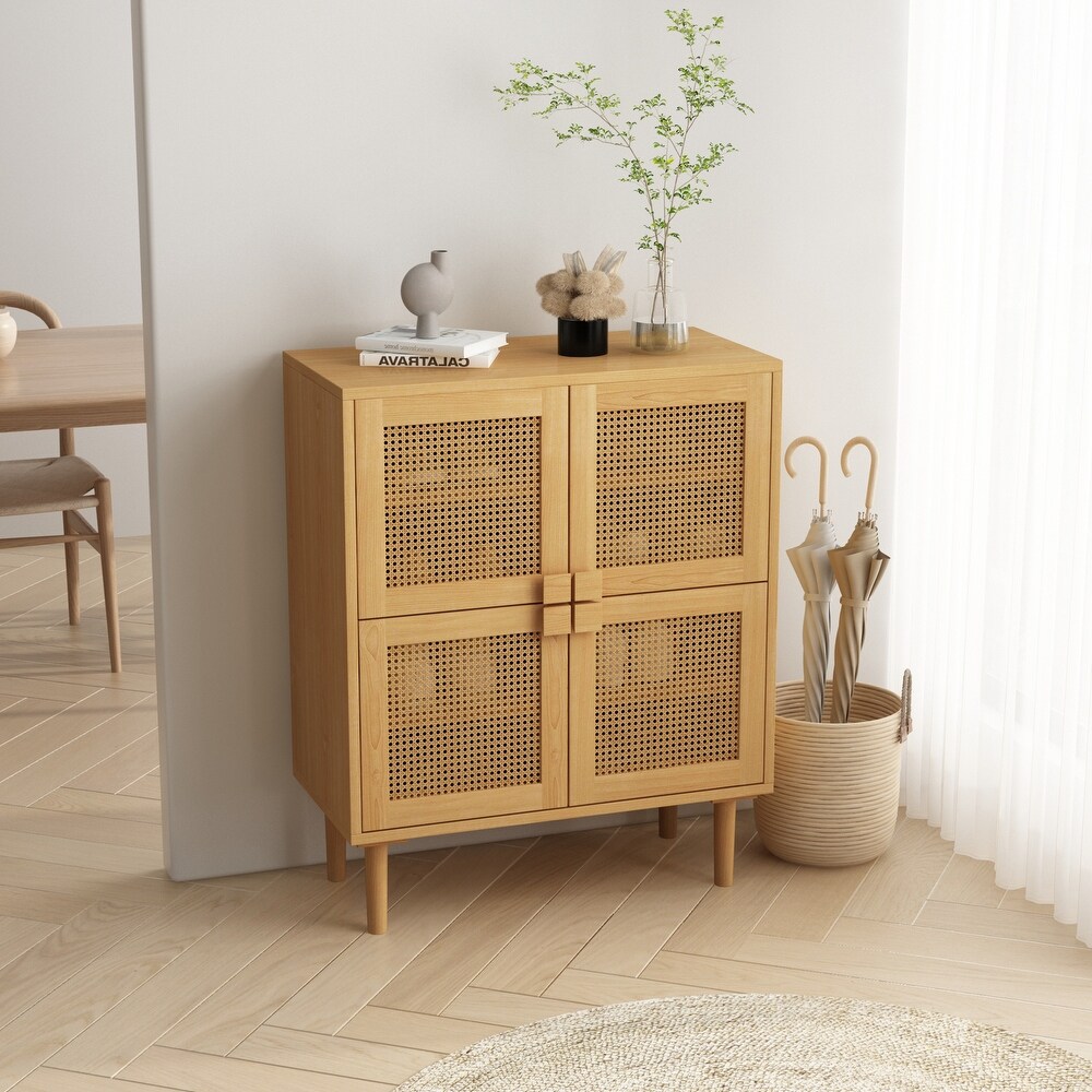 4 Doors Rattan Mesh Storage Cabinet  Shoe Cabinet with Eight Storage Spaces  for Entryway  Living Room  Hallway