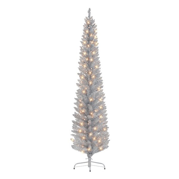 Puleo International 6 ft. Prelit Silver Tinsel Pencil Tree