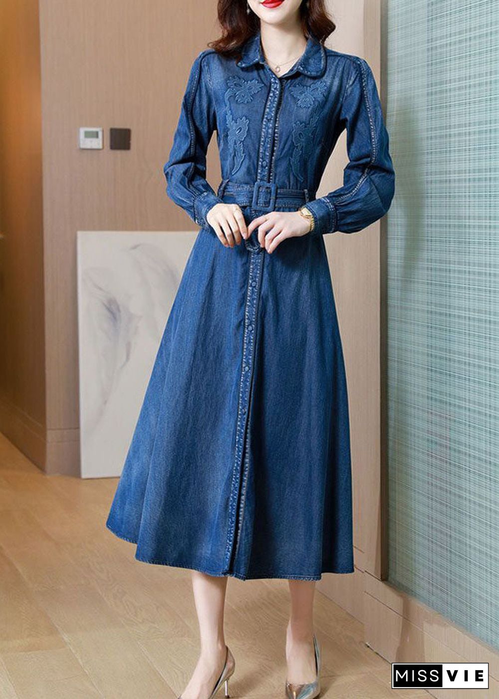 Italian Denim Blue Embroideried Exra Large Hem Cotton Cinched Dress Spring