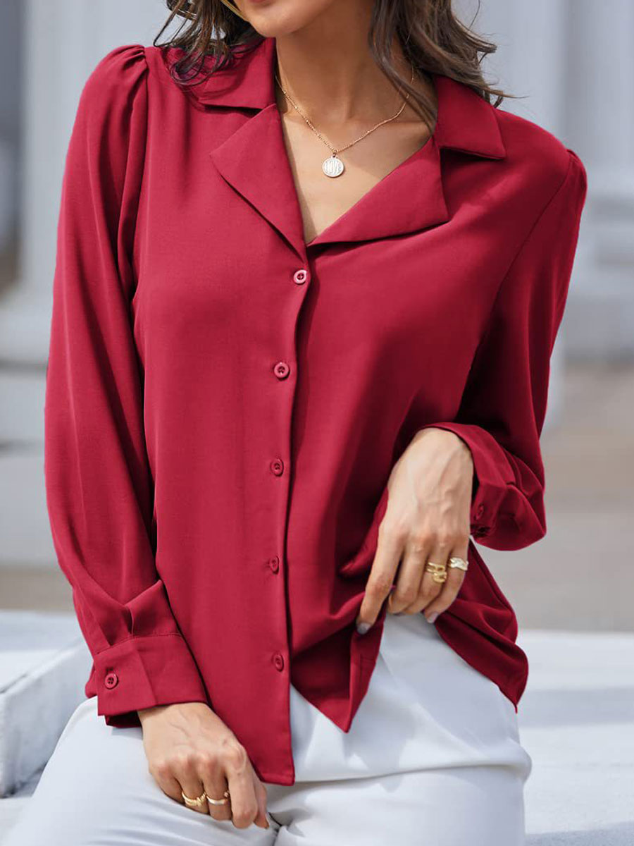 Casual Loose Solid Color Lapel Long Sleeve Blouse