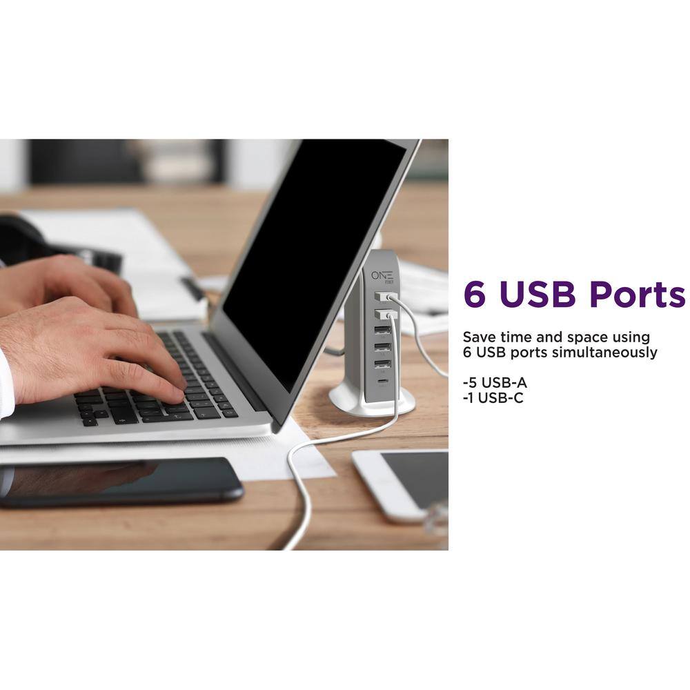 ProMounts 5 USB-A 1 USB-C Power HubCharging Station Flat Plug With 5 Ft. Cord Modern Slim Charging USB Tower OPT061