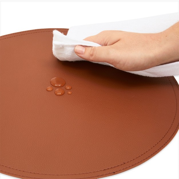 Juvale Set Of 6 Faux Leather Circle Placemats And 6 Round Coasters For Dining Room Table Brown