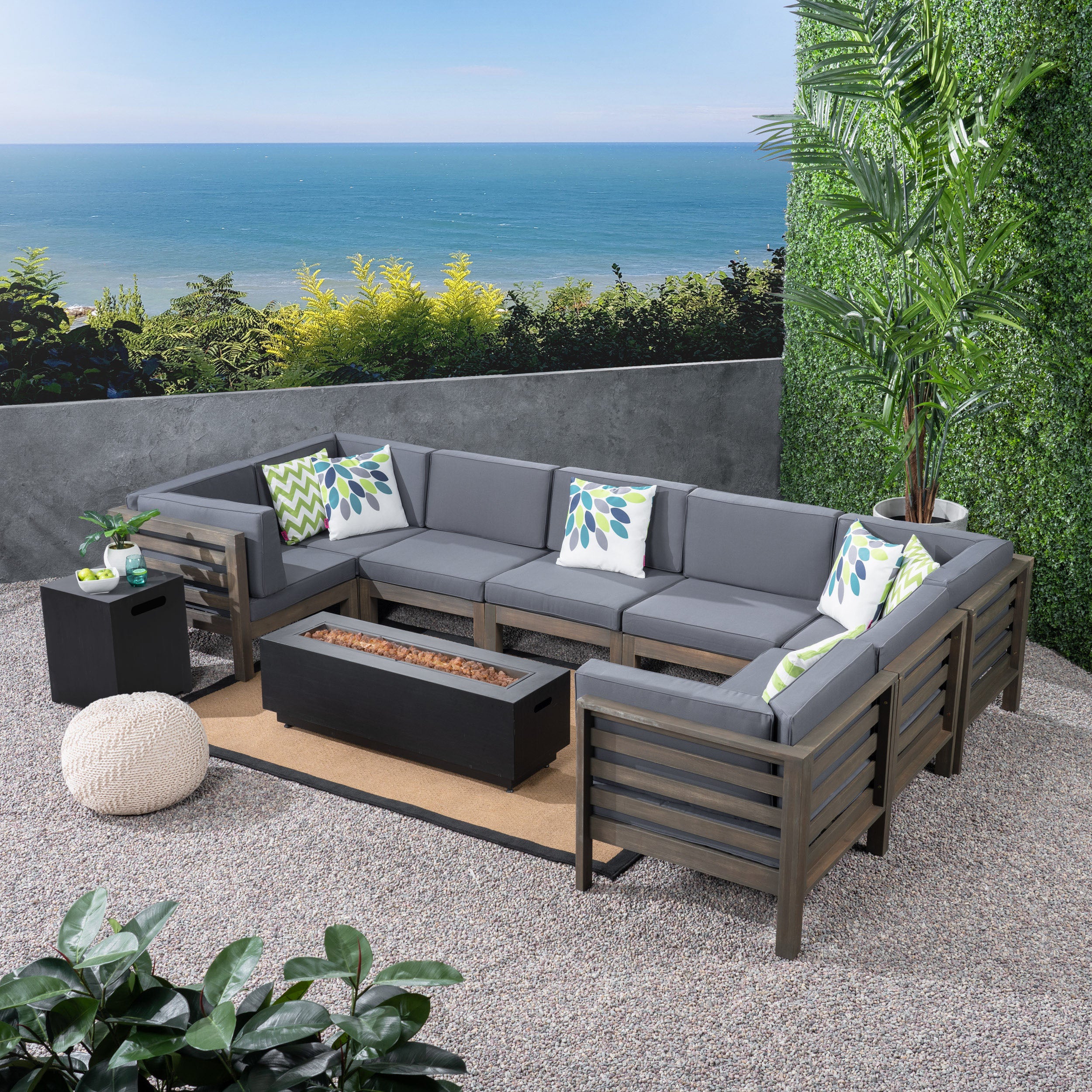 Krystin Outdoor U-Shaped Sectional Sofa Set with Fire Pit