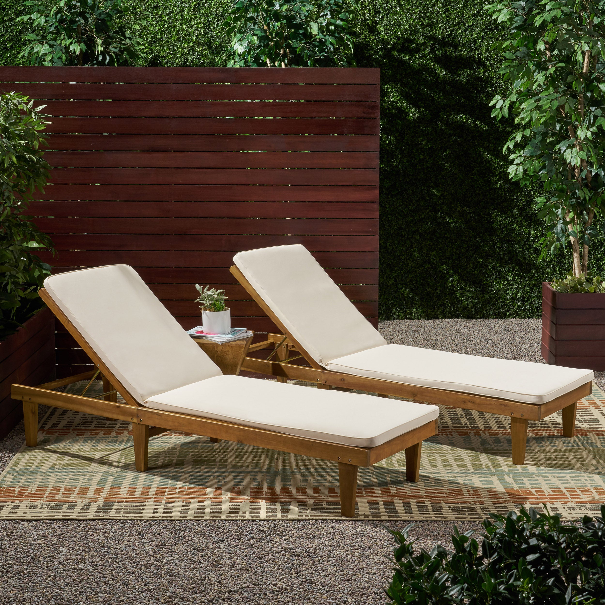 Nadine Outdoor Modern Acacia Wood Chaise Lounge with Cushion (Set of 2)