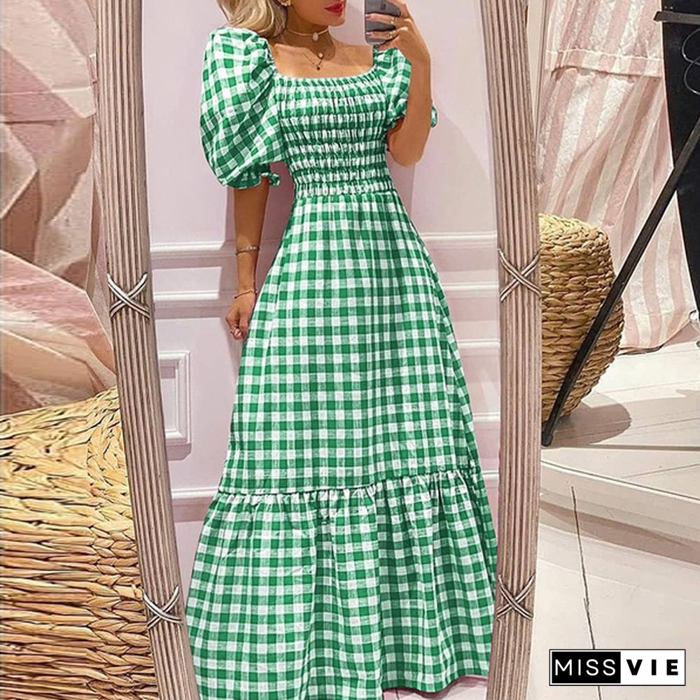 Plus Size Women Puff Square Neck Full-length Checked Plaid Dress Summer Holiday Maxi Dress Party Dress Vestidos