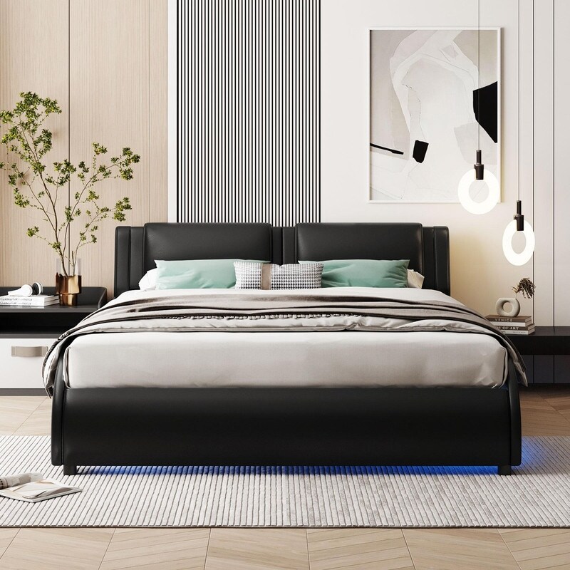 Full/Queen Size Upholstered Faux Leather Platform Bed with LED Light