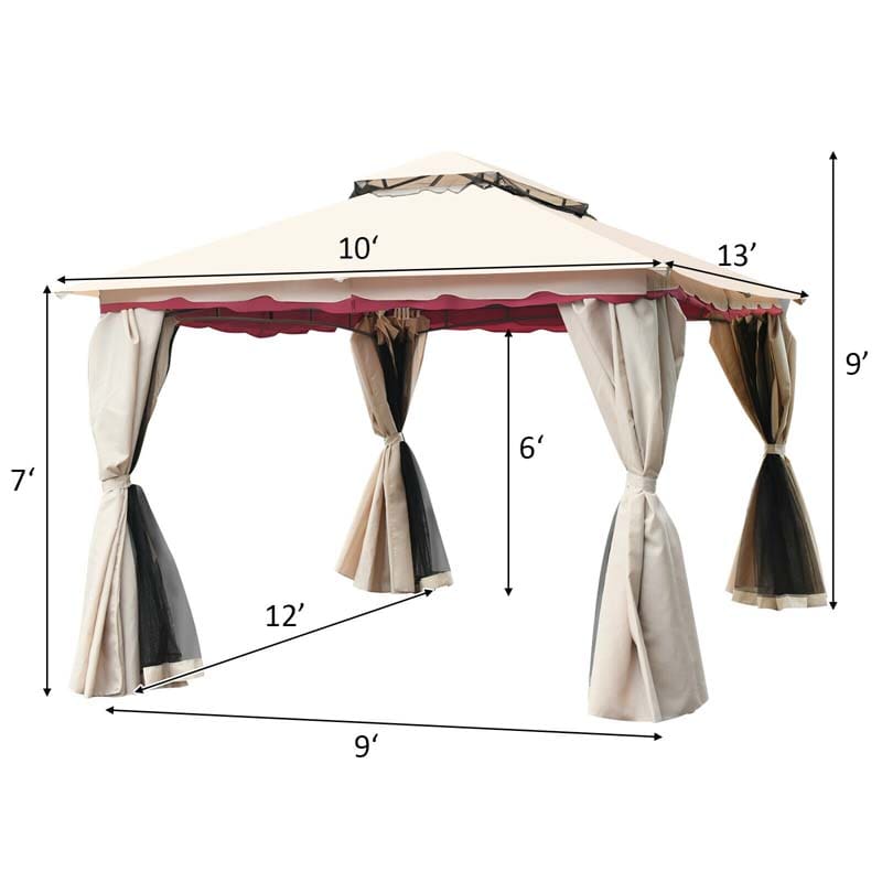 13 x 10 FT Patio Metal Gazebo with Netting & Sidewalls, 2 Tier Roof Large Outdoor Canopy Gazebo Tent