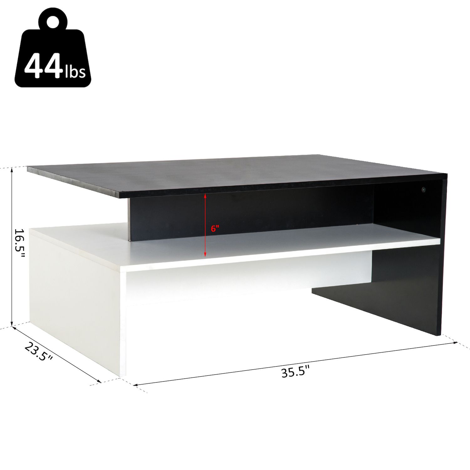 HOMCOM 2 Tier Modern Rectangular Living Room Coffee Table with Open Shelves   Black/White