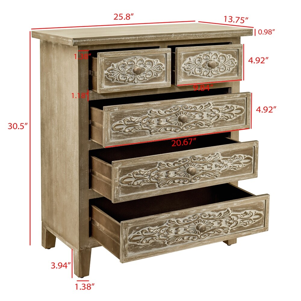 Hand Carved Accent Cabinet with 5 Drawers