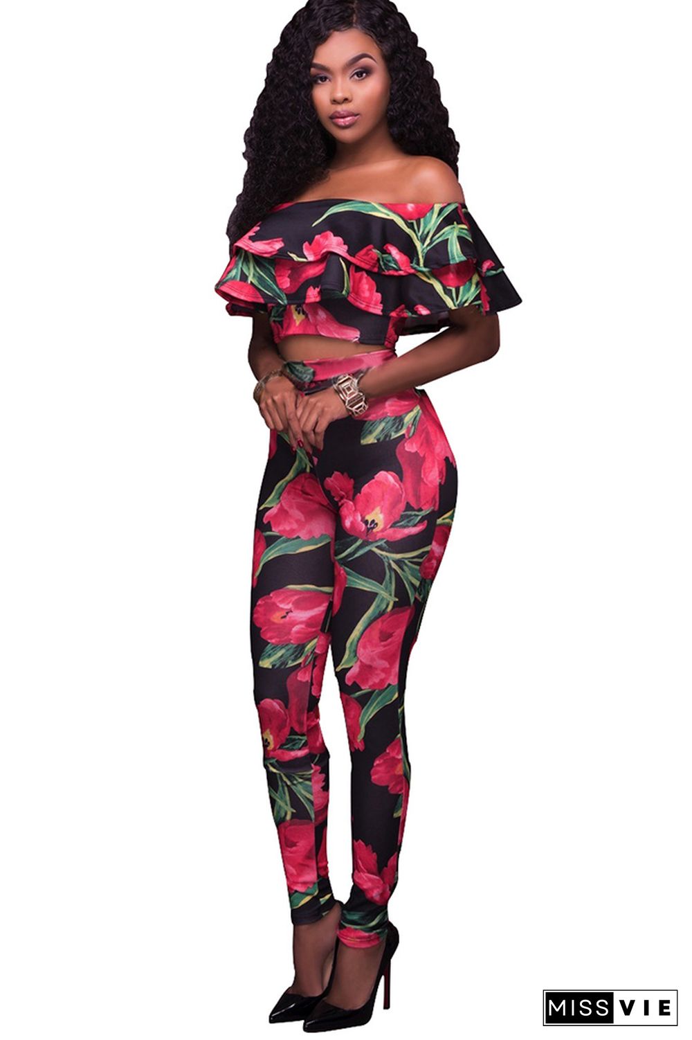 Multicolor Floral Printed Ruffles Off Shoulder Pant Set