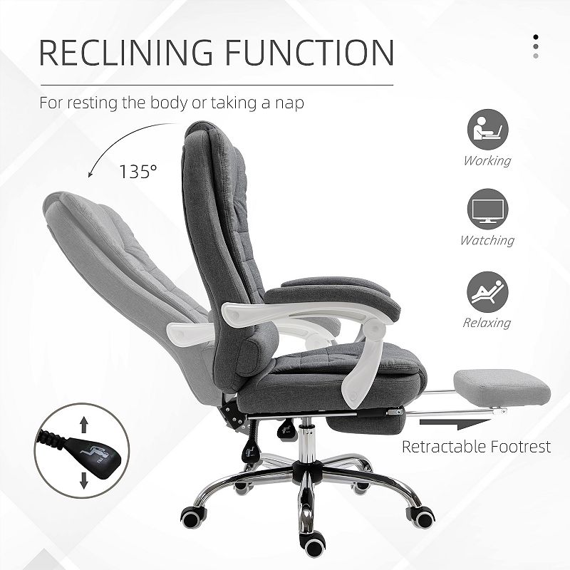 Vinsetto High-Back Executive Office Chair with Footrest， Linen-Fabric Computer Chair with Padded Armrests， Ergonomic Office Chair， Gray