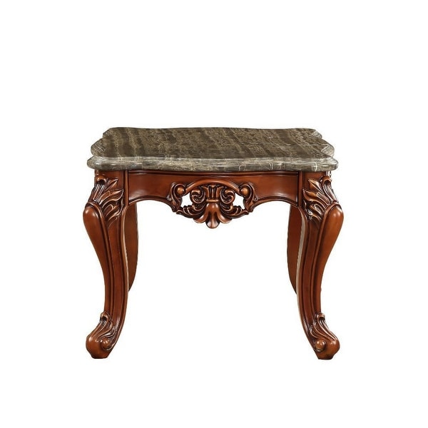 30 Inch Classic Square Marble Top End Table， Cabriole Legs， Gray， Brown