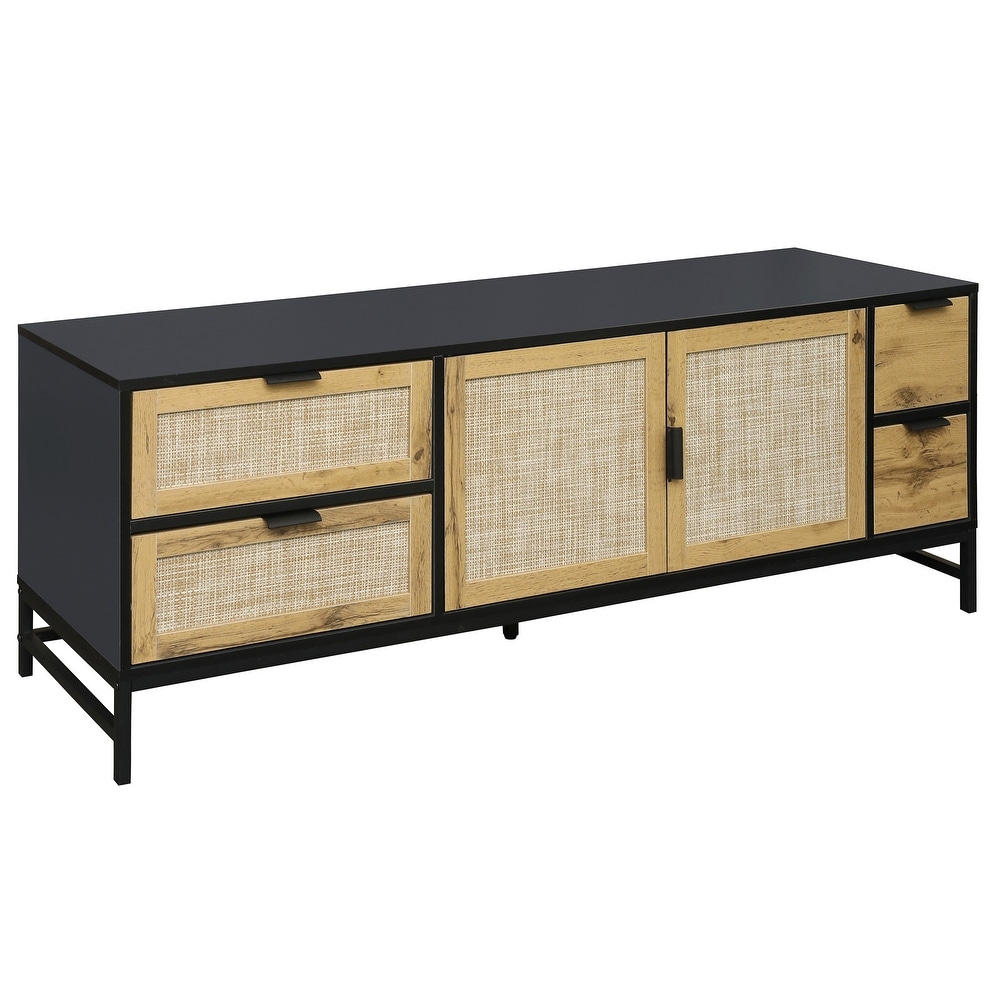 Elegant Rattan TV Stand Media Console with Adjustable Shelves  Sleek TV Console Table with Wood Grain Surface