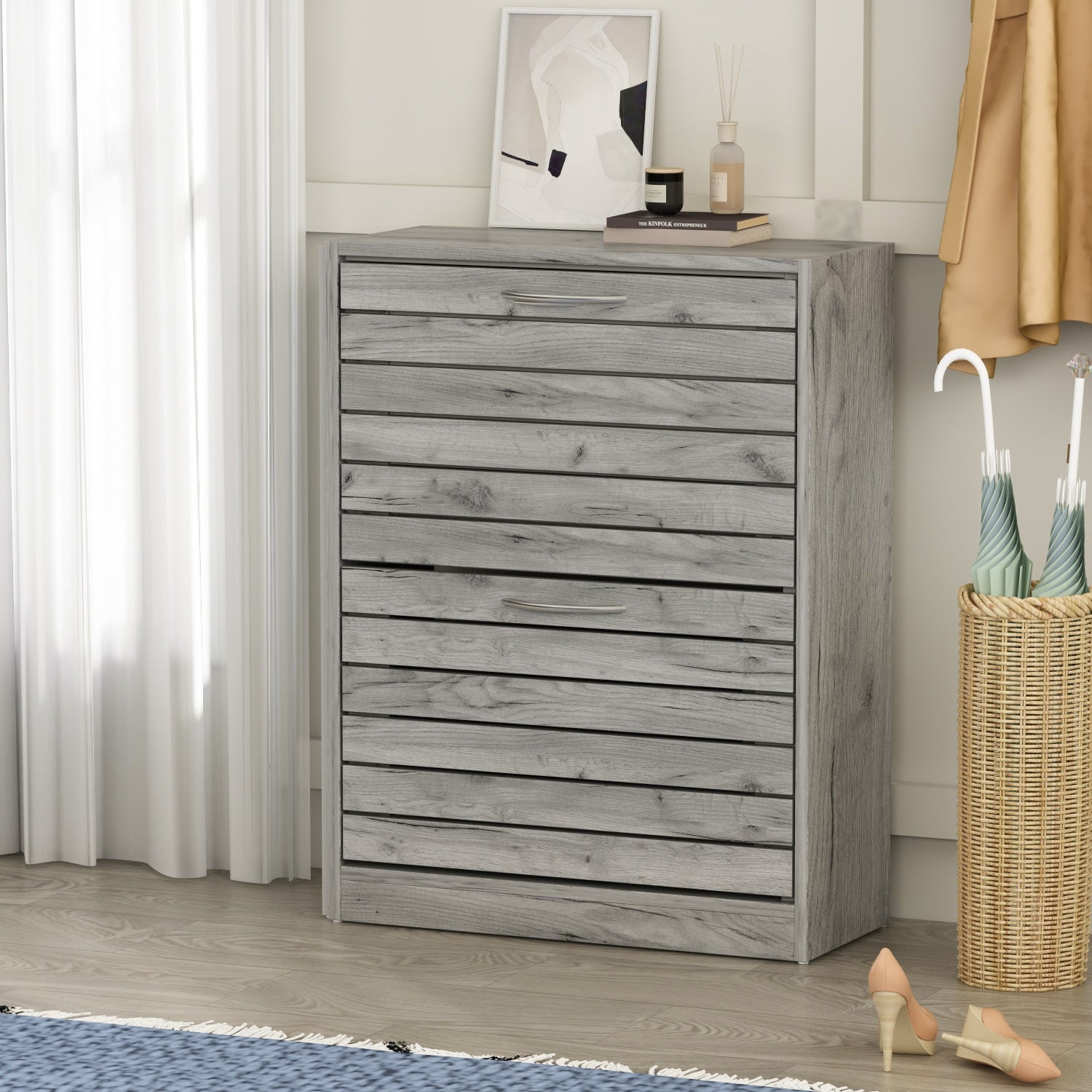 FAMAPY 8 Pair Shoe Storage Cabinet with 2 Drawers， Grey Louver Door - - 35372753