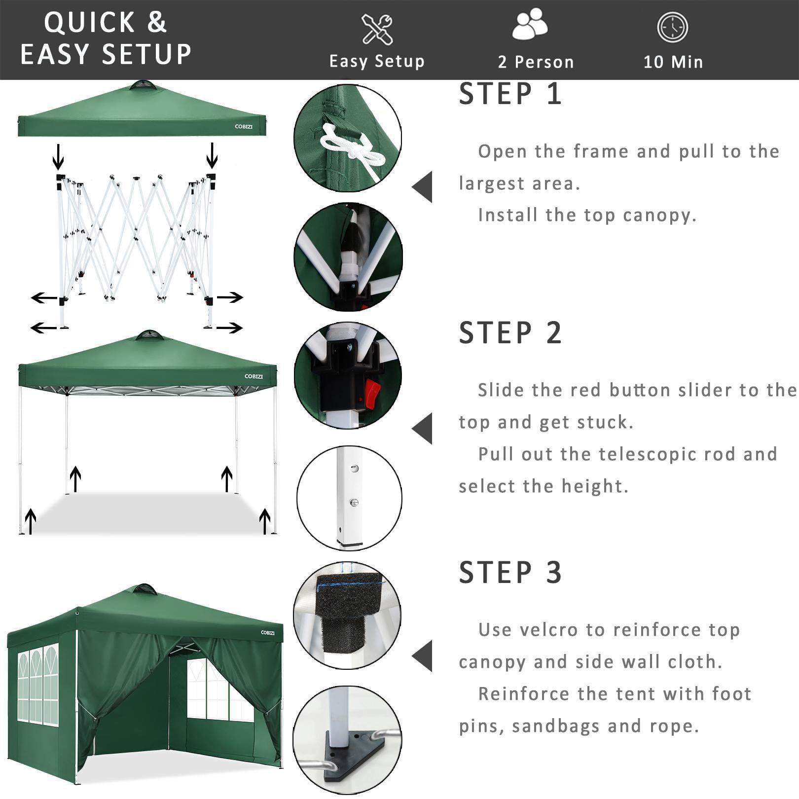 10' x 10' Straight Leg Pop-up Canopy Tent Easy One Person Setup Instant Outdoor Canopy Folding Shelter with 4 Removable Sidewalls, Air Vent on The Top, 4 Sandbags, Carrying Bag, Green