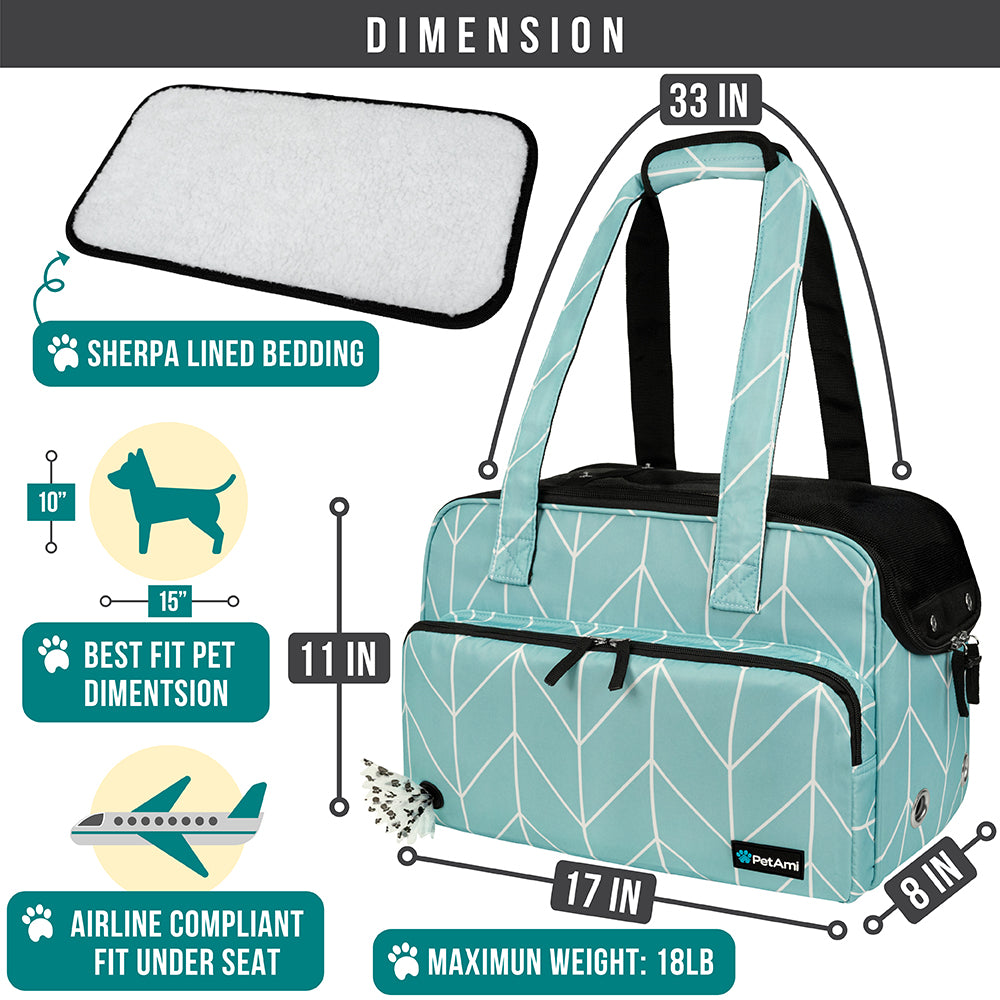 PetAmi Small Dog Purse Carrier， Soft-Sided Pet Carrier Bag Pockets， Portable Medium Dog Puppy Large Cat Travel Handbag Tote， Airline Approved Breathable Mesh， Poop Dispenser， Sherpa Bed， Chevron Teal