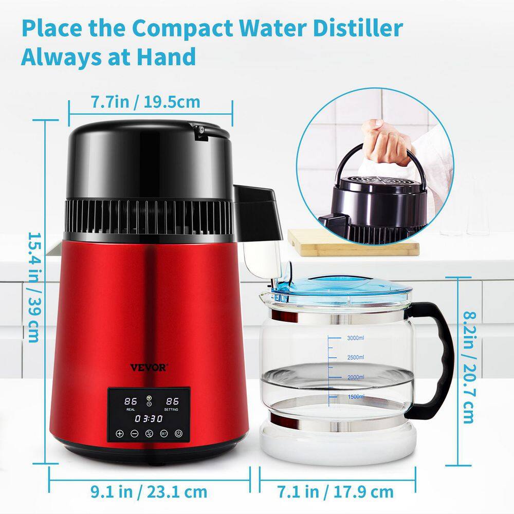 VEVOR 1.1 Gal. Water Distiller 750-Watt Distilled Water Machine Countertop Distilled Water Maker with Timing Dual Temp Red DSDW1LH4L110VWK8PV1