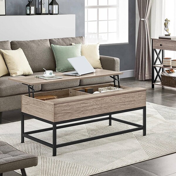 Modern Metal Wood Lift-Top Coffee Table Sofa Laptop Desk in Grey Wood Finish - 20