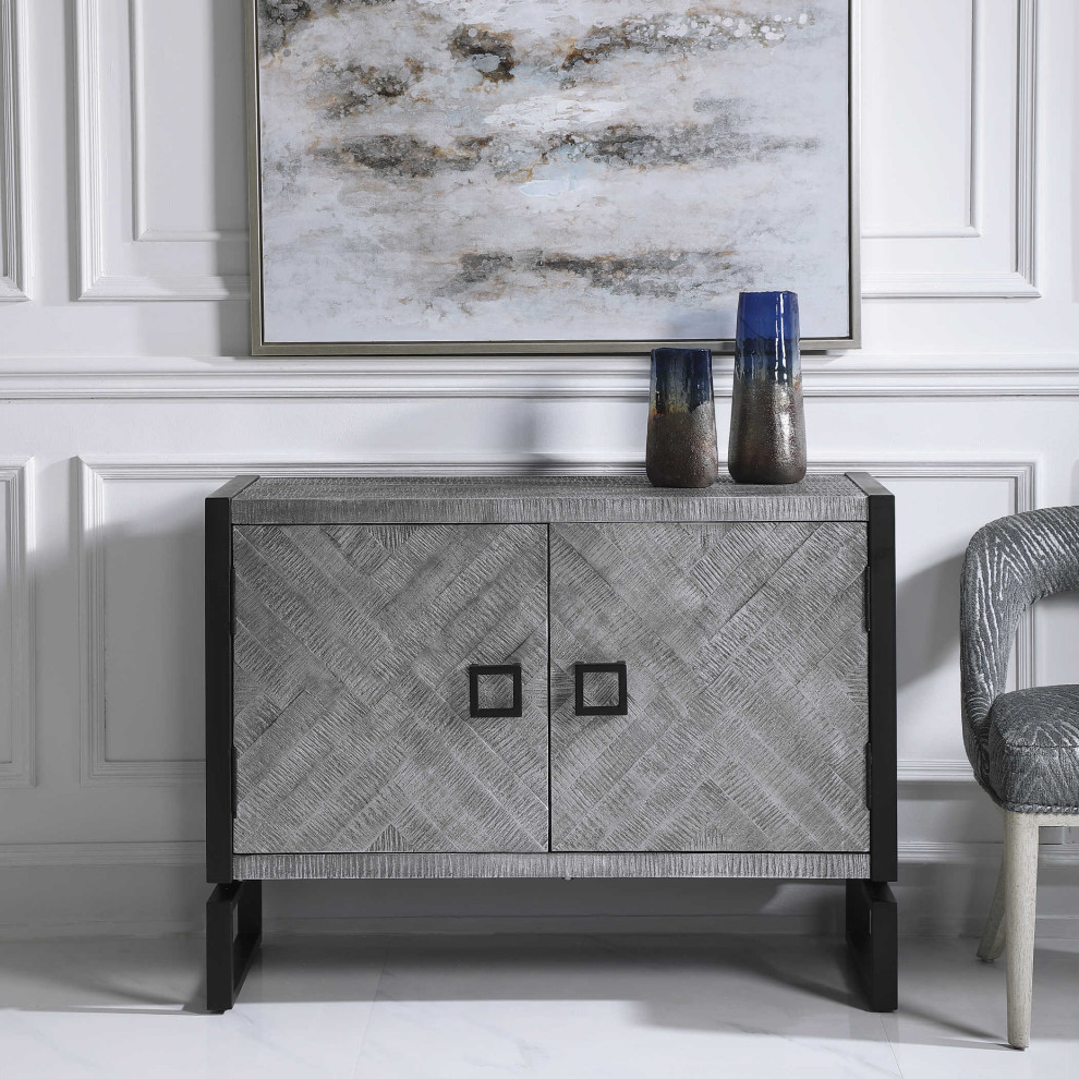 Luxe Modern Gray Herringbone Pattern Accent Cabinet Black Geometric Squares   Industrial   Accent Chests And Cabinets   by My Swanky Home  Houzz