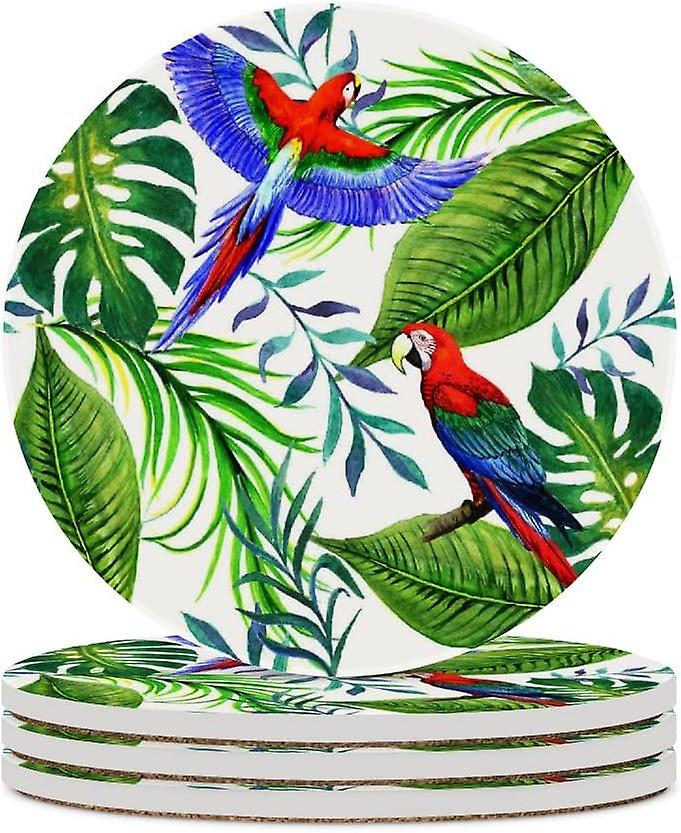 6pcs Round Tropical Leaves And Birds Ceramic Coasters With Cork-backed For Coffee Drink Cup Mat Absorbent Stone Coasters