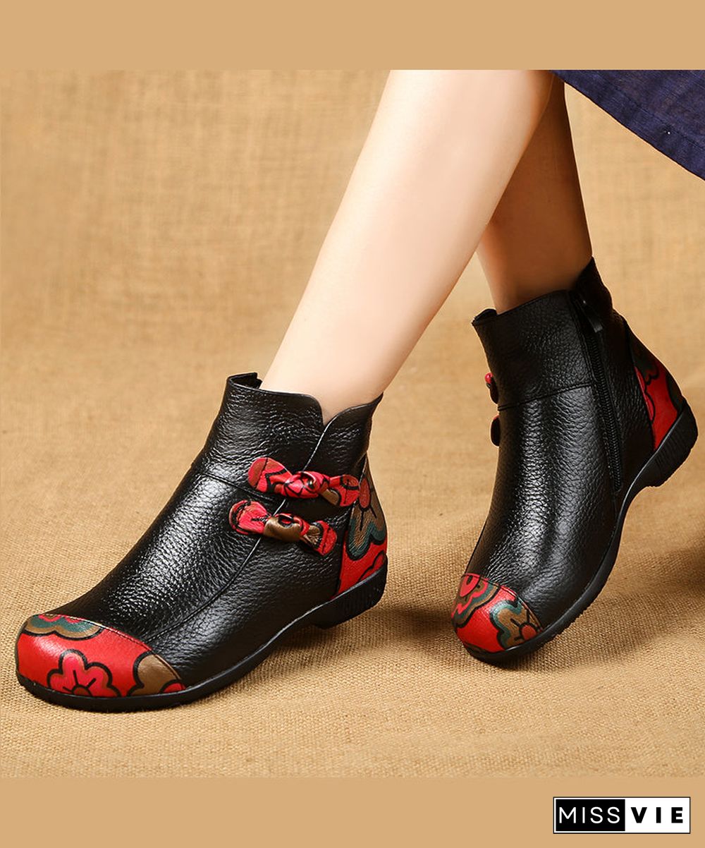 Black Boots Cowhide Leather Handmade Splicing Print