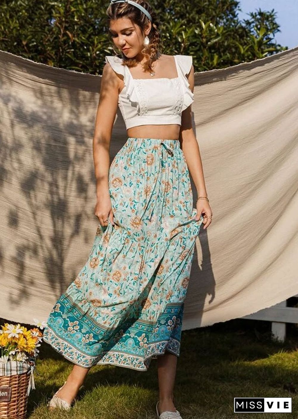 Boho Skirts in Flower Blue Sky For Women