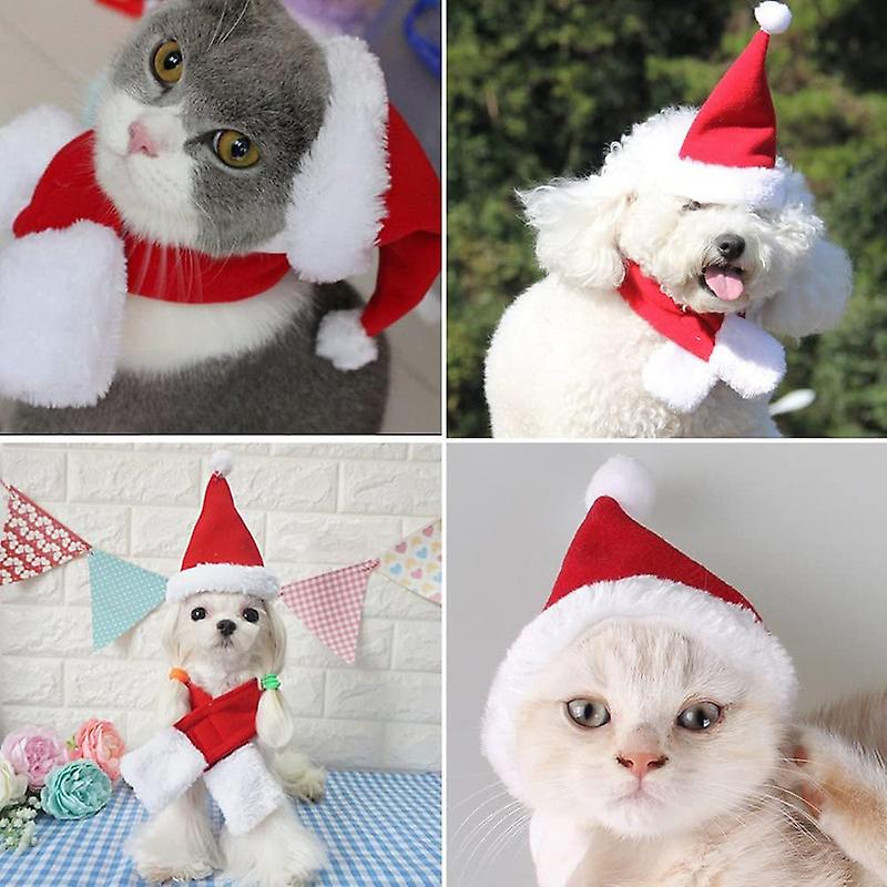 2Pcs Christmas Cat Costume with Santa Hat and Scarf for Pet Kitten Puppy