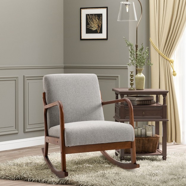 Homcom Upholstered Rocking Armchair With Wood Base And Linen Fabric Padded Seat For Living Room