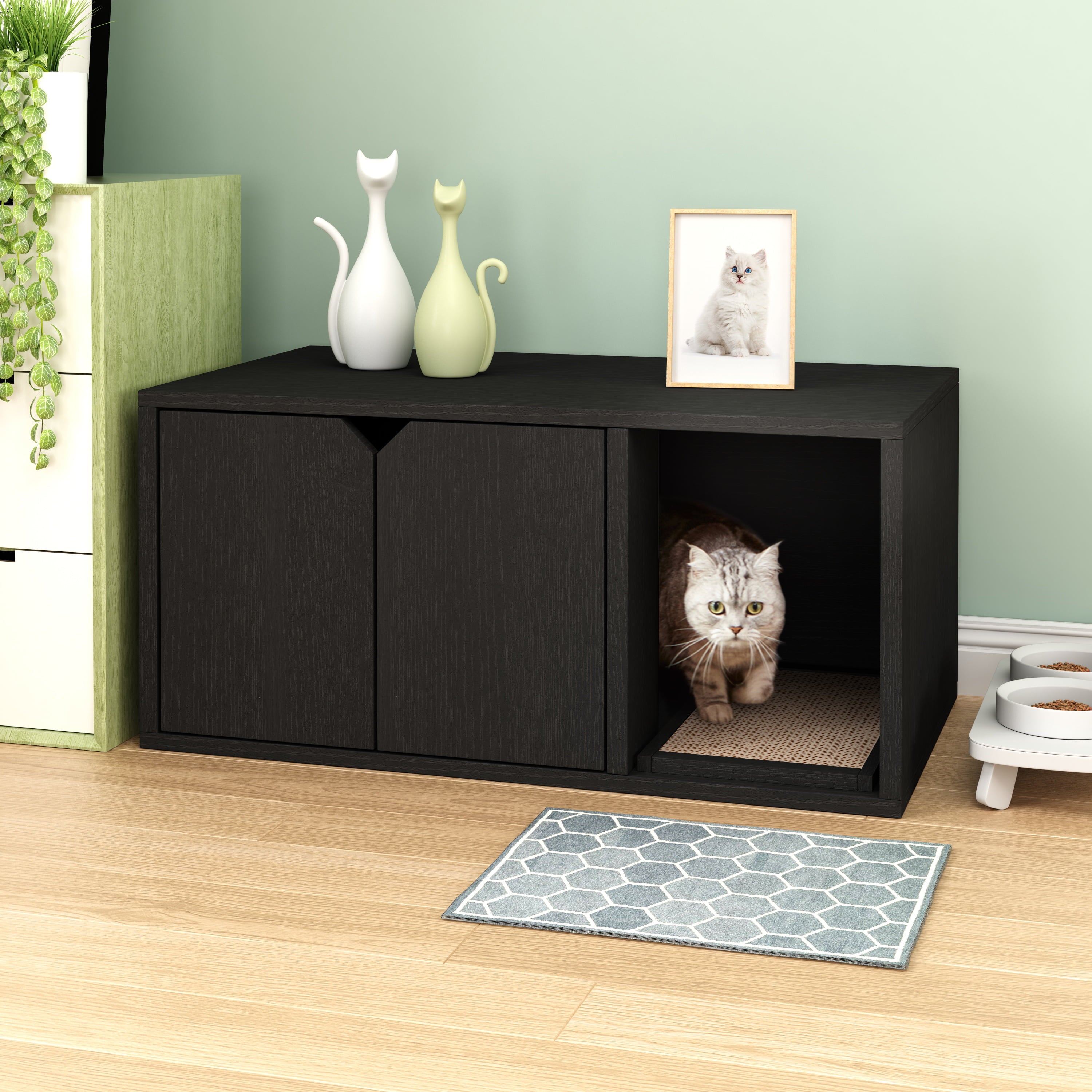 Way Basics Eco Cat Litter Box Enclosure Modern Cat Furniture， Black