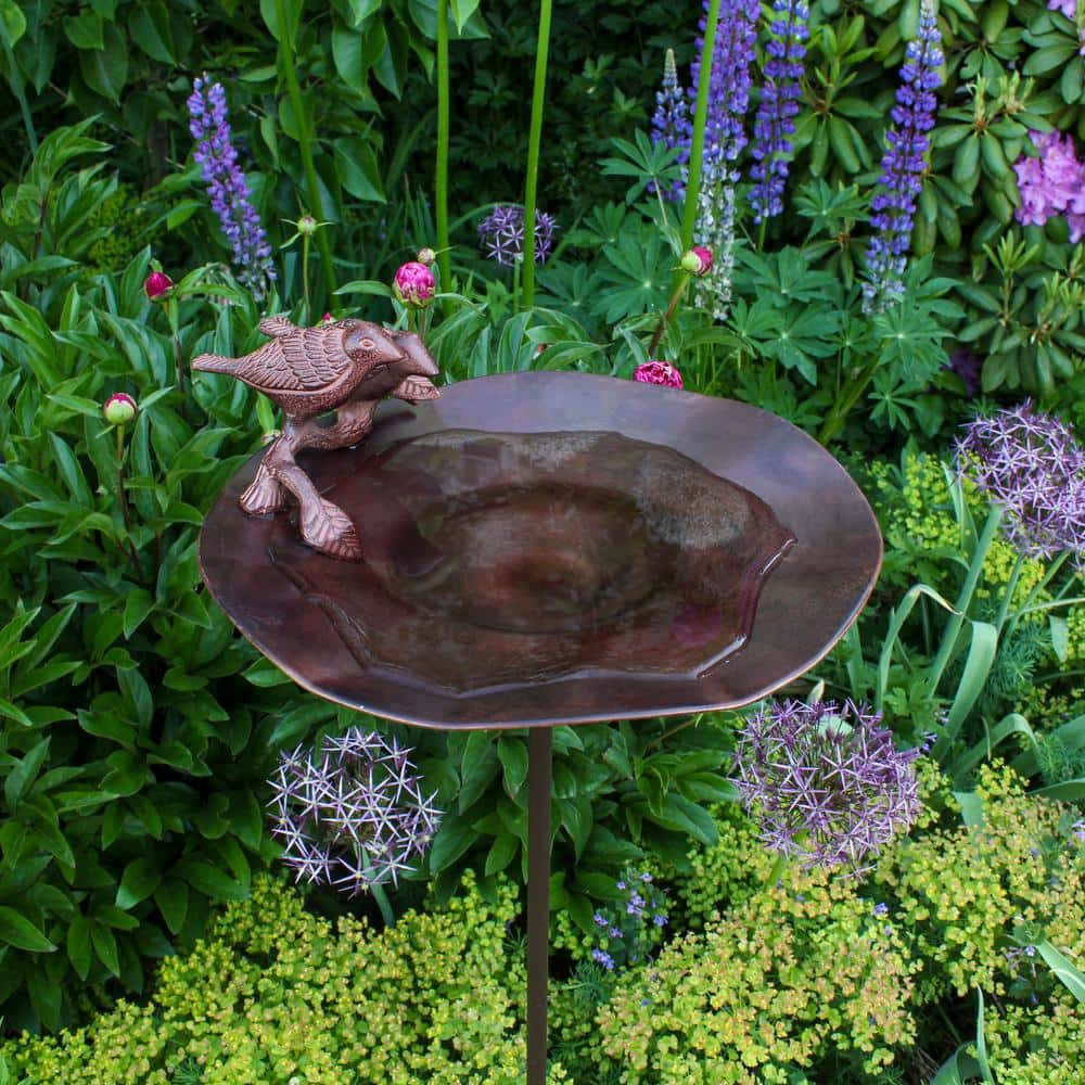 ACHLA DESIGNS 13 in. Dia Antique Patina Antiqued Birdbath with Birds and Stake BB-02AB-S