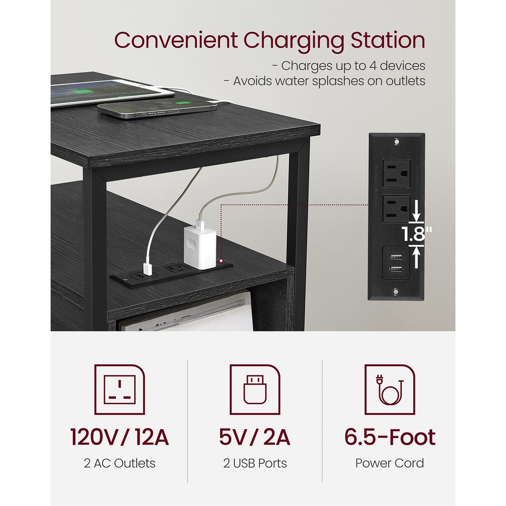 Slim Side Table Nightstand End Table with 2 Drawers and Charging Station for Small Spaces   23.6” x 13.8” x 24”