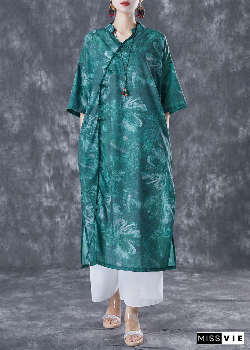 Chinese Style Blackish Green Oversized Print Linen Long Dress Summer