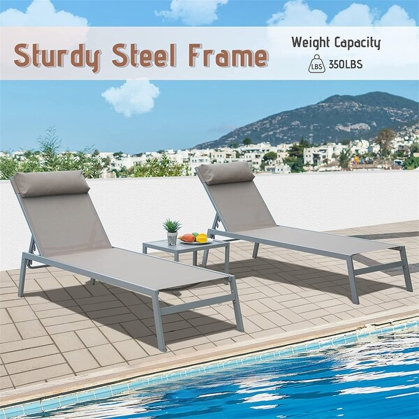 3-Piece Outdoor Chaise Lounge Adjustable Back with Table and Headrest - N/A - Overstock - 37952818