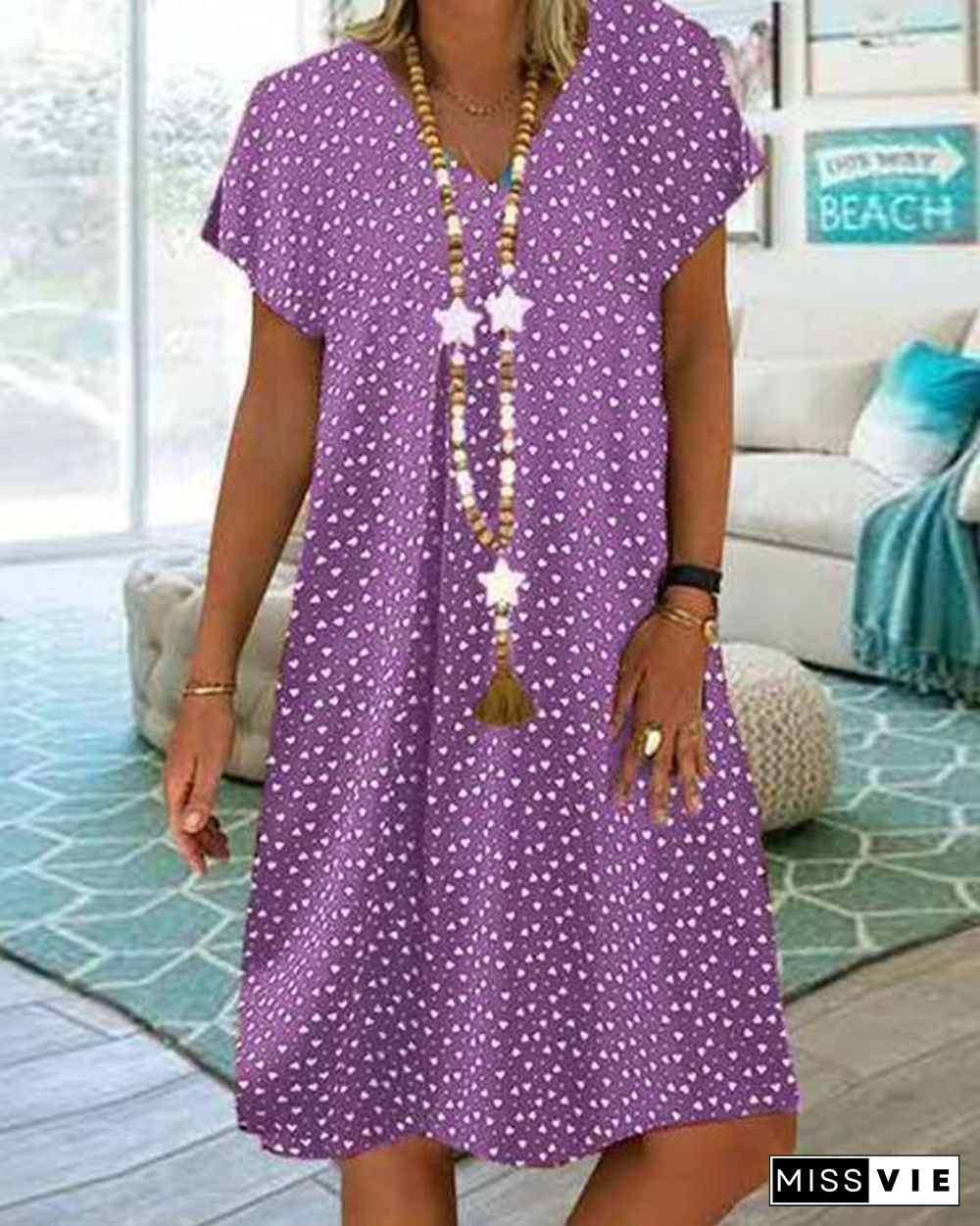 Women Casual Short Sleeve V-neck Polka Dot Printed Dress