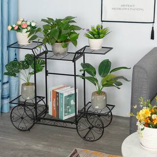 YIYIBYUS 26.77 in. H x 32.67 in. W OutdoorIndoor Black Metal Plant Stand Cart Shaped Flower Pot Holder HG-HCXLST-3226