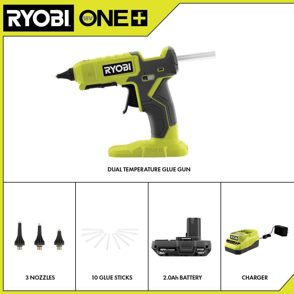 RYOBI ONE+ 18V Cordless Dual Temperature Glue Gun Kit with 2.0 Ah Battery and 18V Lithium-Ion Charger P307K1N