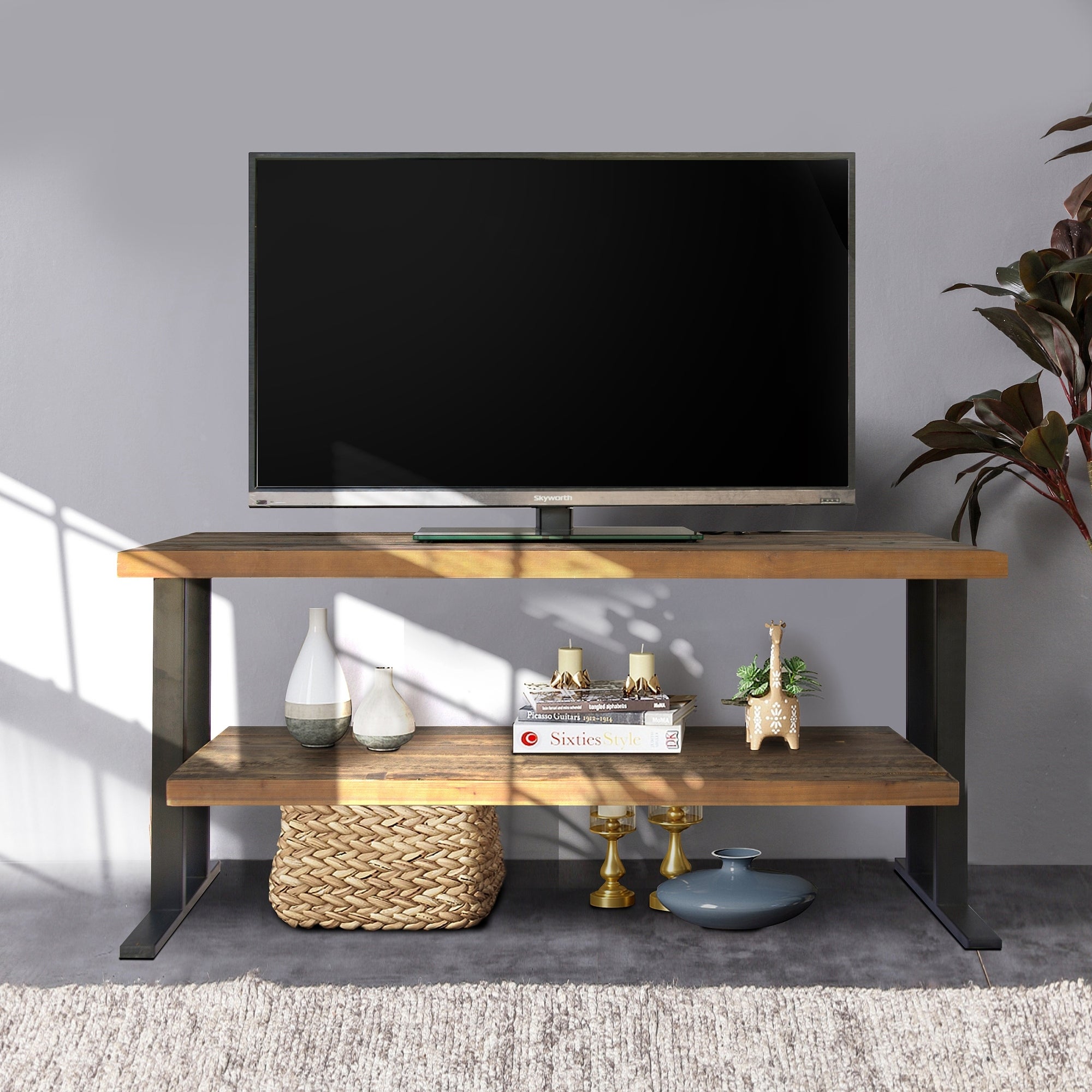 Media Console Table with one shelf， Natural Reclaimed wood and black finish