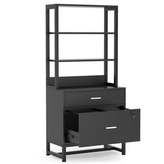 BYBLIGHT Atencio Black 2-Drawer Vertical File Cabinet with Lock and Open Bookshelf BB-C0575XL