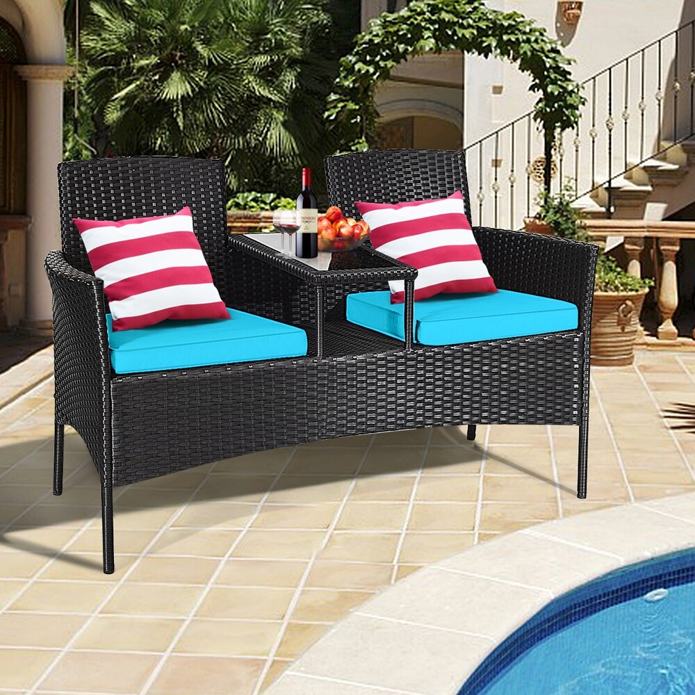 Gymax Rattan Wicker Patio Conversation Set w/ Table Turquoise Cushion   54.5'' x 24'' x 33.5'' (L x W x H)