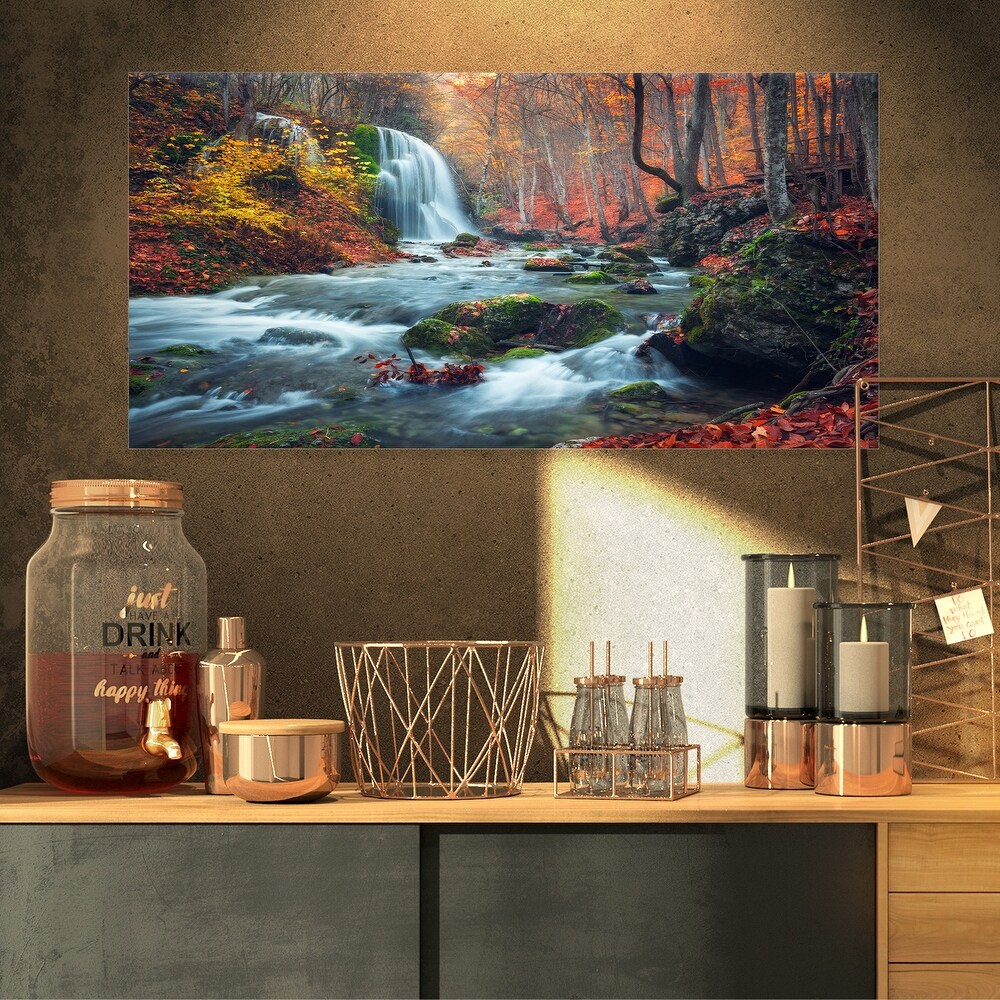 Autumn Mountain Waterfall Long View Landscape Photo Canvas Print   Orange