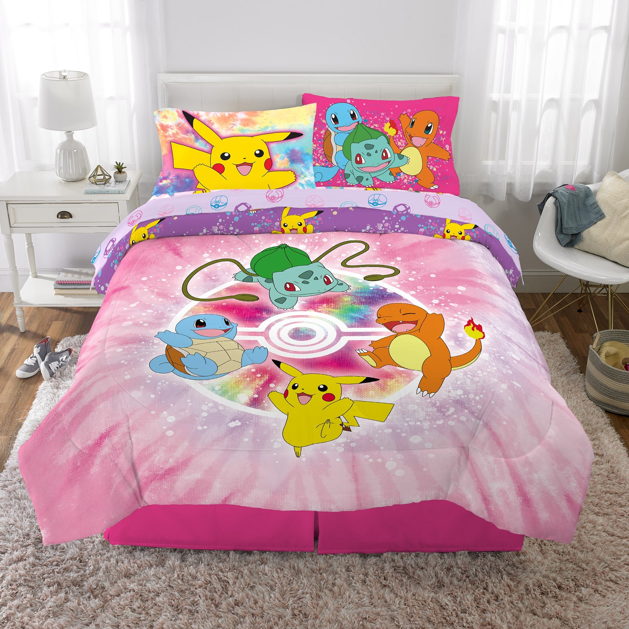 Pokémon Kids Full Bed in a Bag, Tie-Dye, Gaming Bedding, Comforter and Sheets, Purple