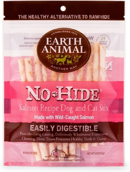 Earth Animal No-Hide Long Lasting Natural Rawhide Alternative Salmon Recipe Stix Chew Dog and Cat Treat Sticks， 10 count