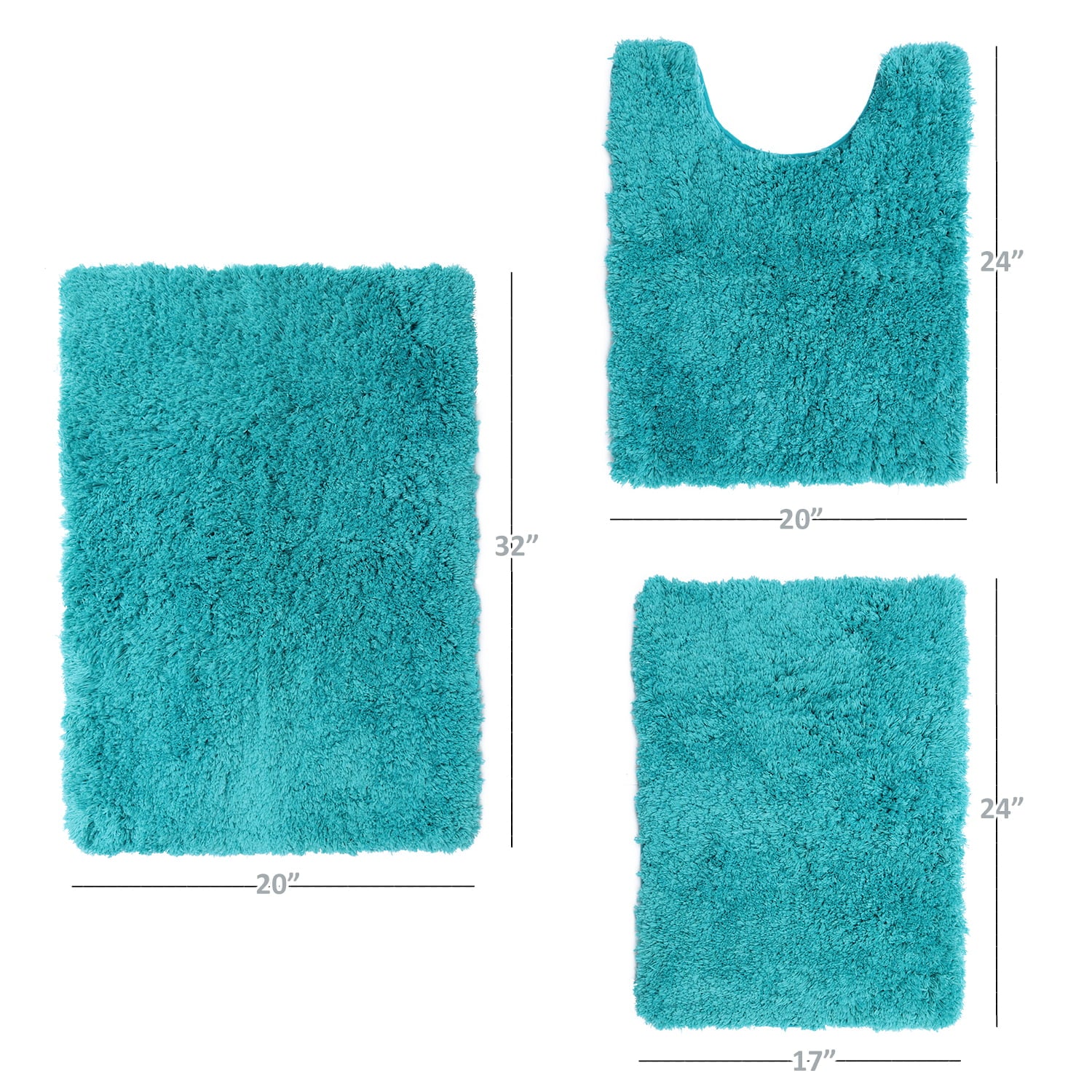 Clara Clark Set of 3 Absorbent Bath Mat Non-Slip Backing Rubber Bathroom Rugs， 17x24， 20x32， 32x48 Teal