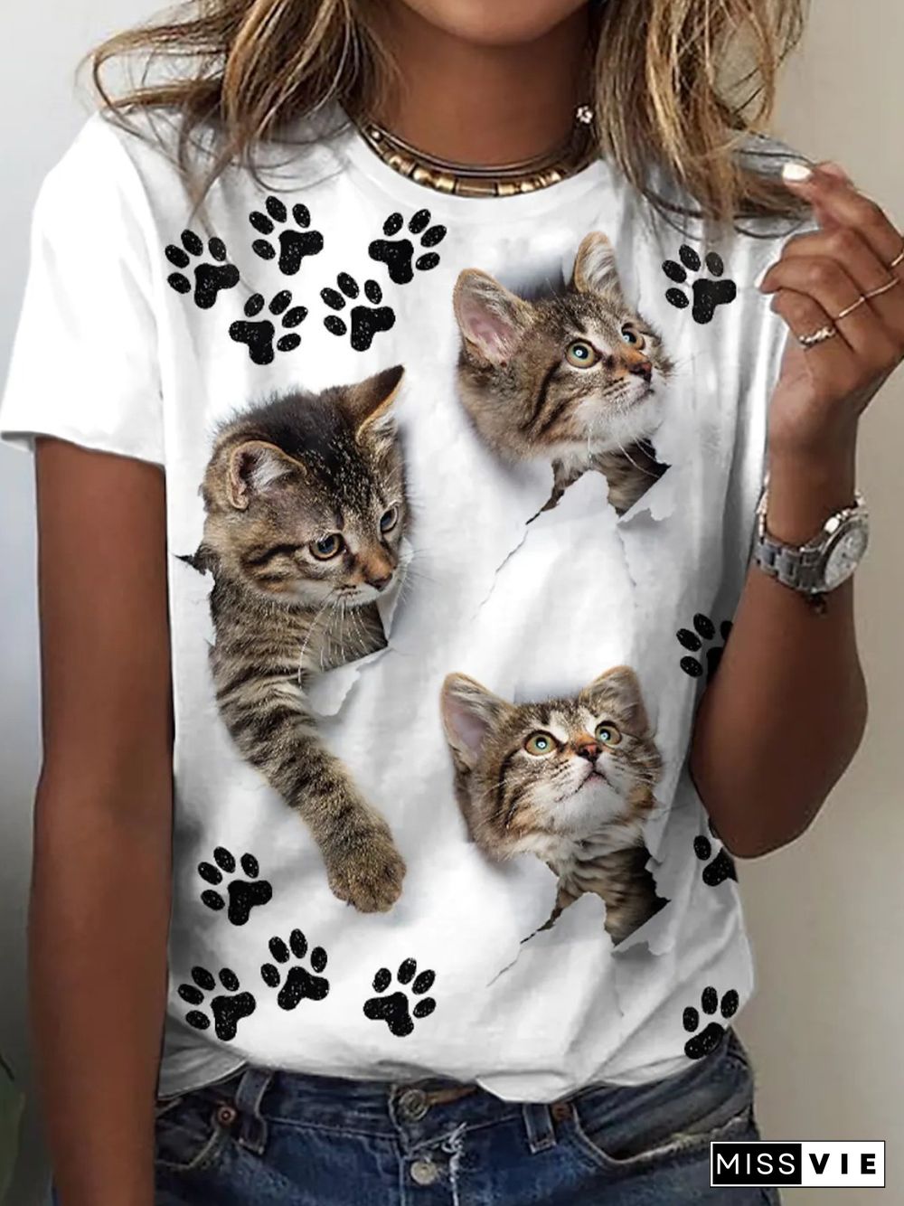 Casual Cat Short Sleeve Round Neck Plus Size Printed Tops T-shirts