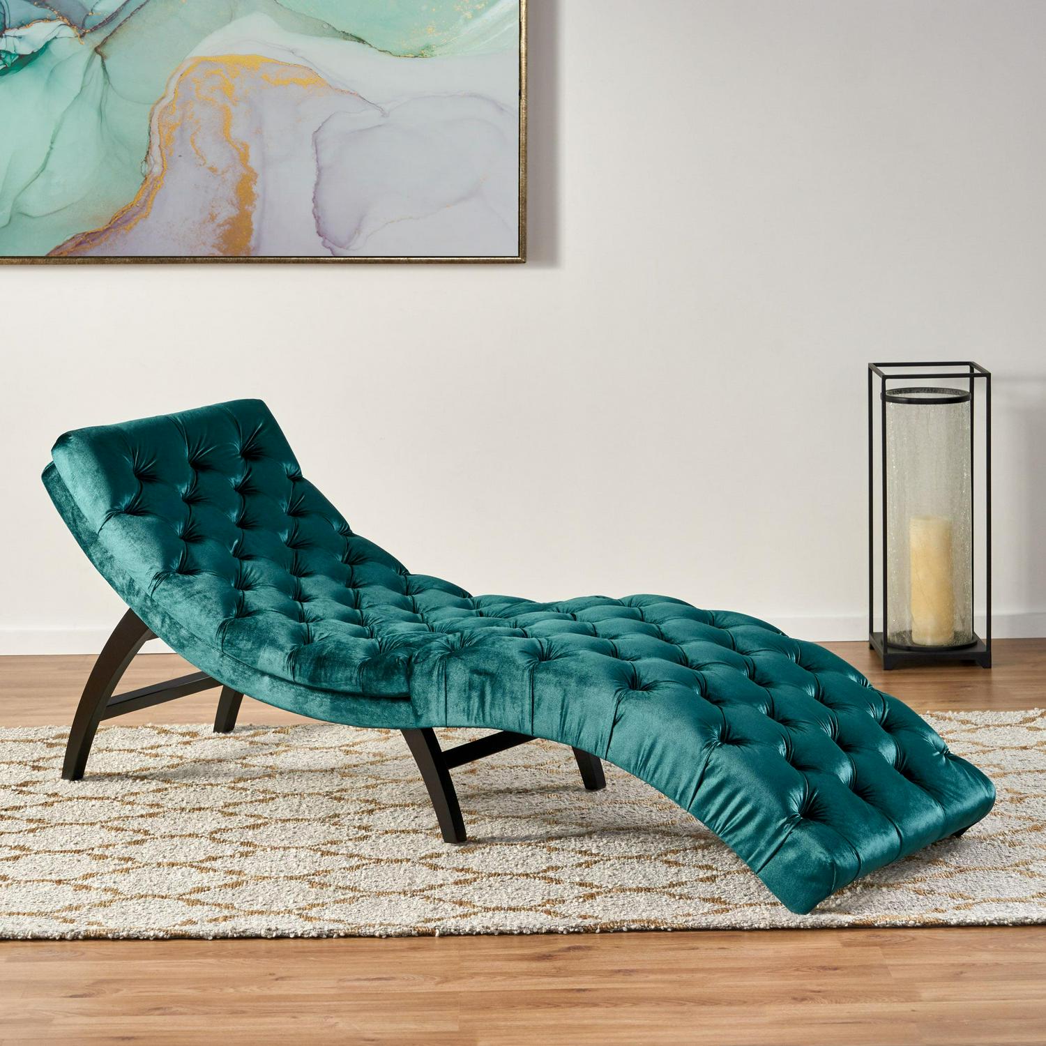 Noble House Wade Indoor Velvet Button Tufted Chaise Lounge， Teal， Dark Brown