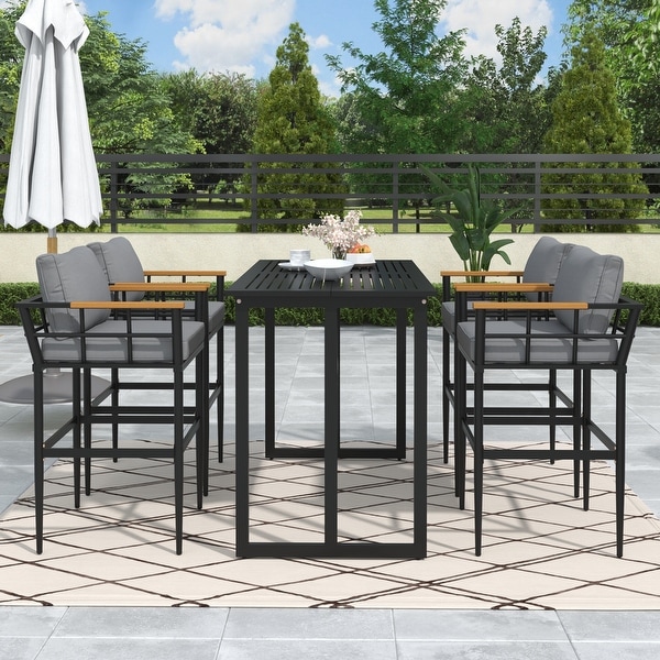 5Piece Patio Dining Table Set Outdoor Furniture with Large Table，Steel and Acacia Wood Ideal for Outdoor Spaces