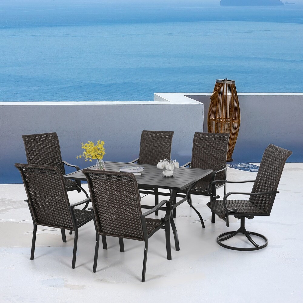 7 piece Outdoor Dining Set Steel Table   Rattan Swivel Chairs