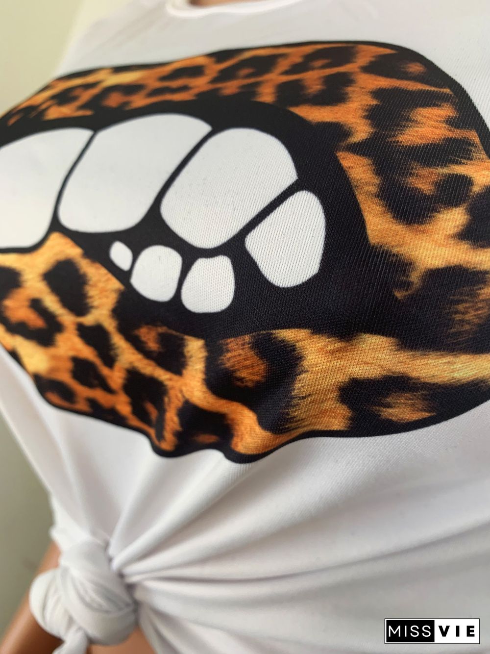 Women Casual Lip Print O-Neck Short Sleeve T-shirts High Waist Leopard Flared Long Pants 2 Piece Set