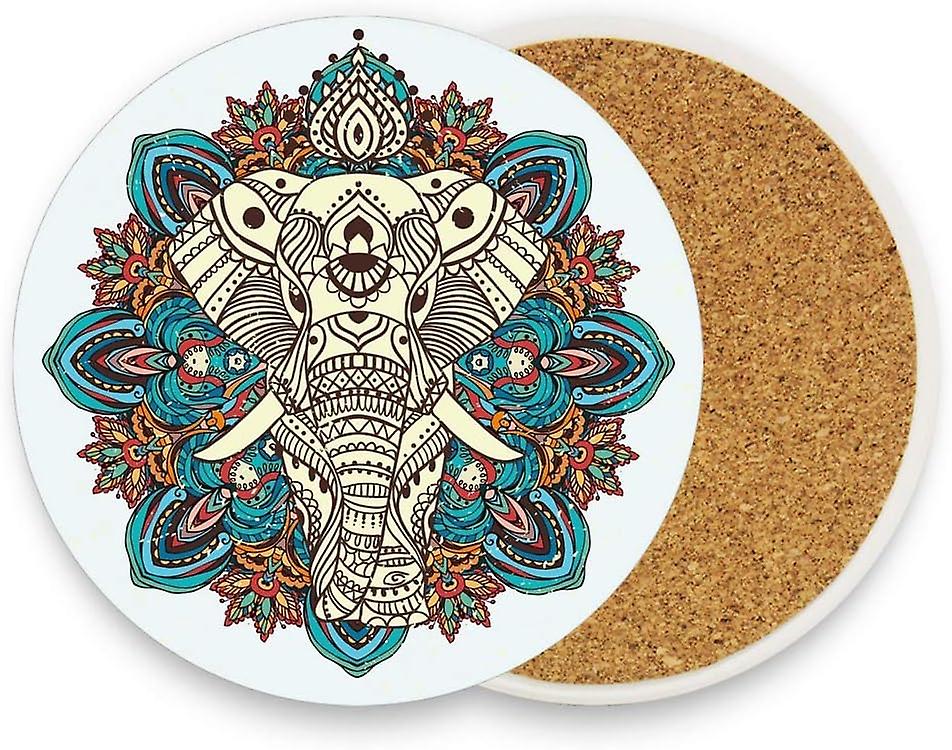 Printed Round Ethnic Elephant Ceramic Coasters With Cork-backed For Coffee Drink Cup Mat Absorbent Stone Coaster Set Of 1/2/4