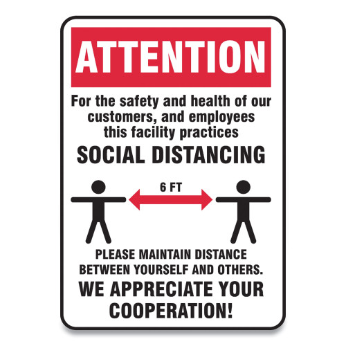 Accuform Social Distance Signs， Wall， 7 x 10， Customers and Employees Distancing， Humans/Arrows， Red/White， 10/Pack (MGNG901VPESP)